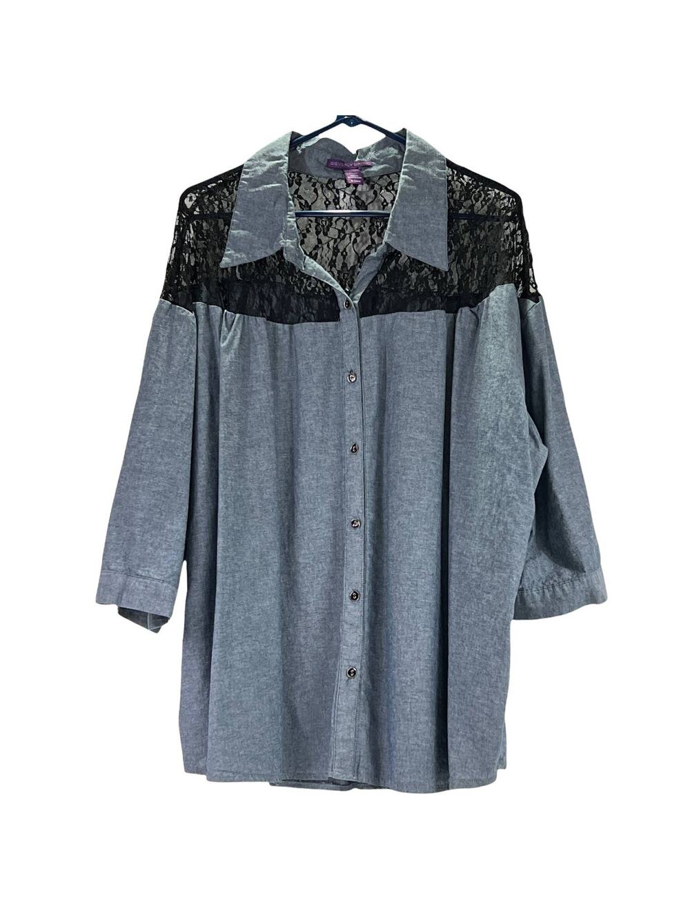 Beverly Drive Chambray & Lace Blouse Tunic 3/4 Roll Tab Plus 20-22W Blue Black